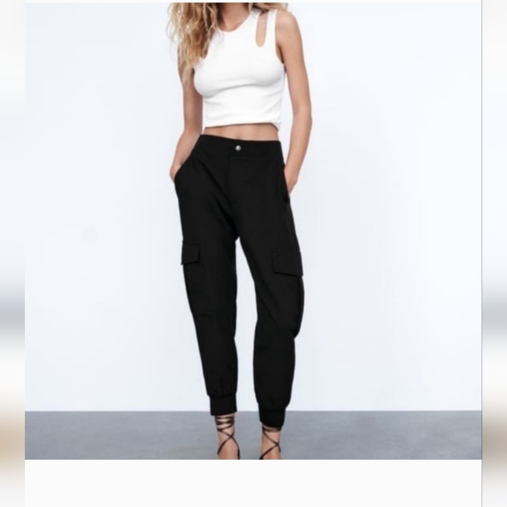 Zara Black Satin Cargo Jogger Pants - Picture 6 of 6